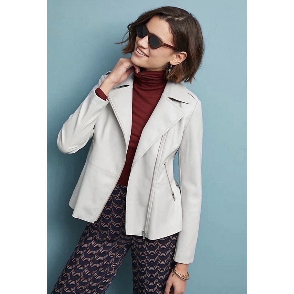 By Anthropologie Light‎ Gray Faux Leather Peplum Moto Jacket Size Medium